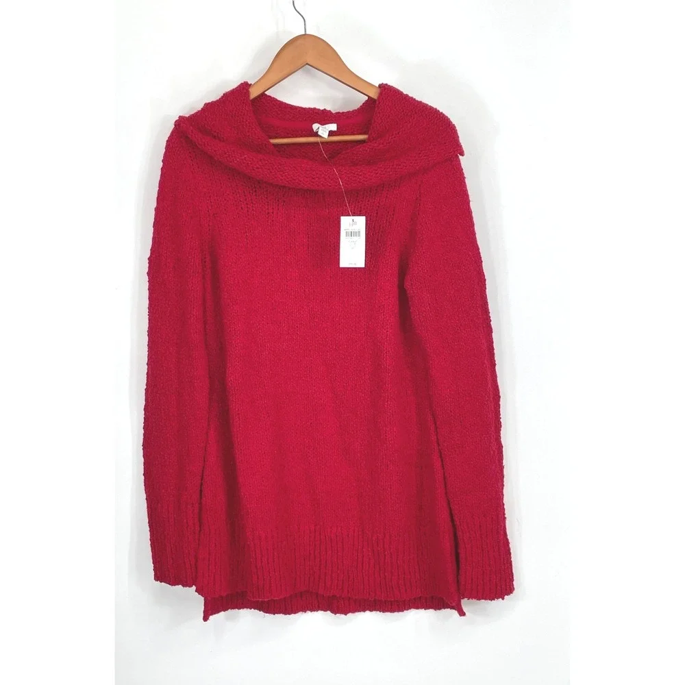 NWT J. Jill Womens Sweater XLT Cowl Neck Scarlet Red Textured Knit Tall 304673